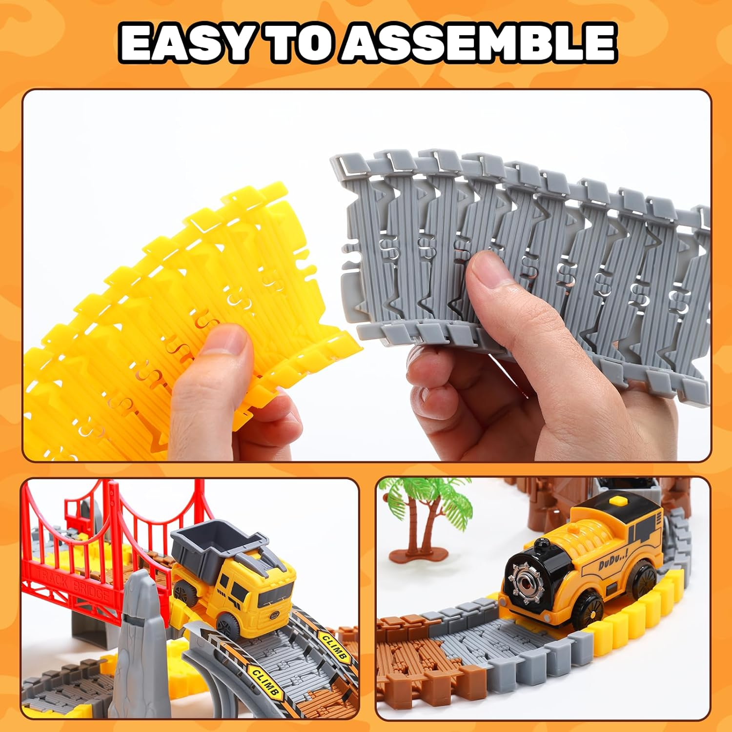 Eaglestone Construction Toys Race Track Set 206 PCS for Kids, Flexible Train Tracks with 1 Electric Train, Excavator, Cement Truck, Loading Truck, Engineering Gifts for 3 4 5 6 Year Old Boys Girls