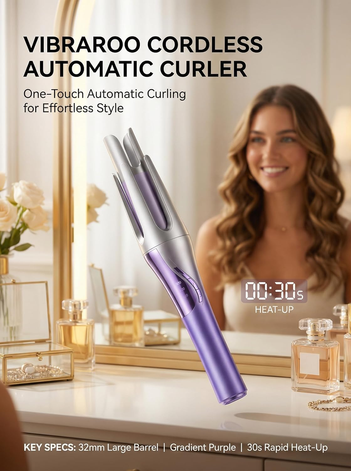 Cordless Automatic Hair Curler, 32Mm Rechargeable Rotating Curling Iron for Effortless Curls, 30S Fast Heat-Up with 3 Temp Settings & Anti-Tangle Tech (Gradient Purple) image number 2