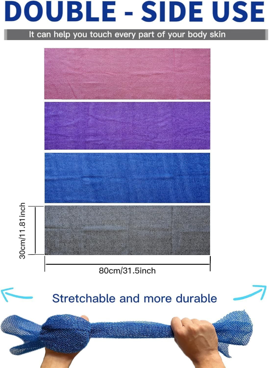 4 Pieces African Exfoliating Net, African Net Sponge, Nylon African Bath Sponge Net, African Net Long Net Bath Sponge Shower Body Scrubber (Black, Blue, Pink, Purple) image number 1