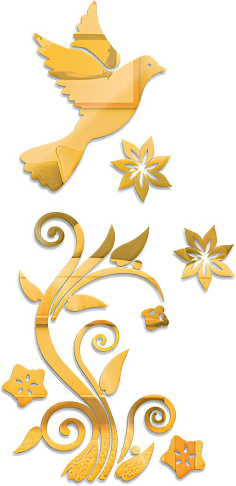 WUMUZAI Pigeon Flower 3D Acrylic Mirror Wall Stickers, Flying Bird Mirror Wall Decals Peel and Stick, Self Adhesive Wall Art Modern Home Decor for Living Room Sofa Backdrop Decoration (Silver)