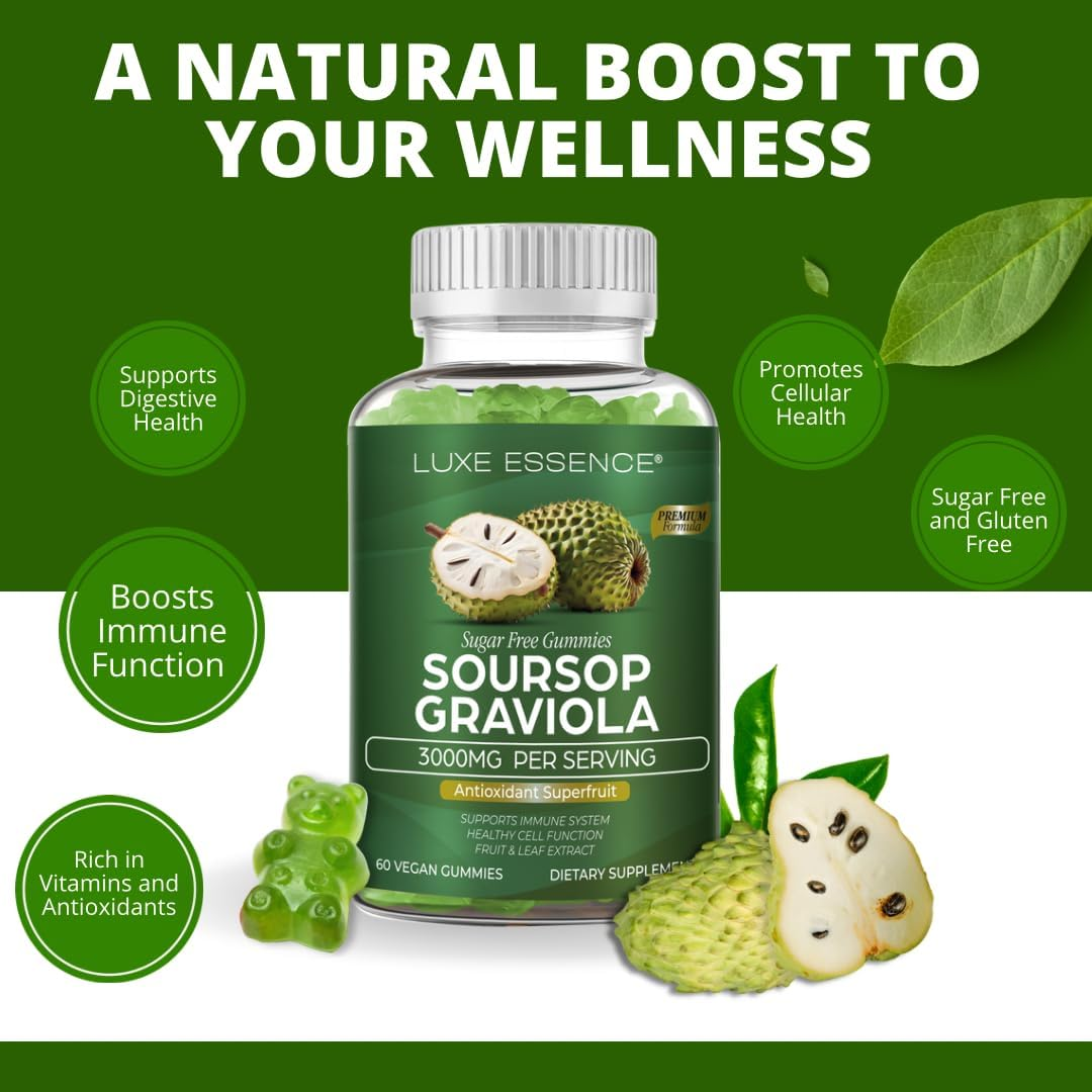 Soursop Graviola Gummies 3000Mg | Soursop Leaves & Fruit Gummies | Graviola Extract | Immune & Digestive Health Support | Sugar-Free, Gluten-Free, Non-Gmo, Vegan Friendly | Natural Apple Flavor | 60 Count image number 2