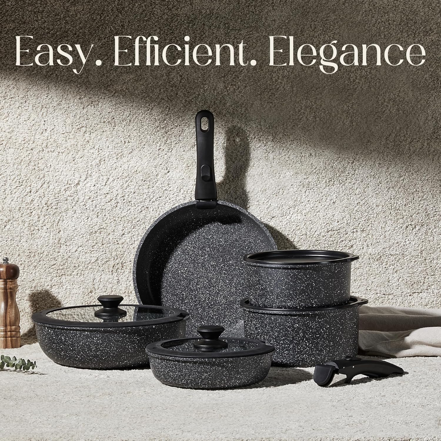 5 Pcs Pots and Pans Set Non Stick - Detachable Handle Cookware Set, Induction Nonstick Kitchen RV Cooking Set Removable Handle - Dishwasher ＆ Oven Safe ＆Heat Evenly for Better Cooking (Black) - Black image number 6