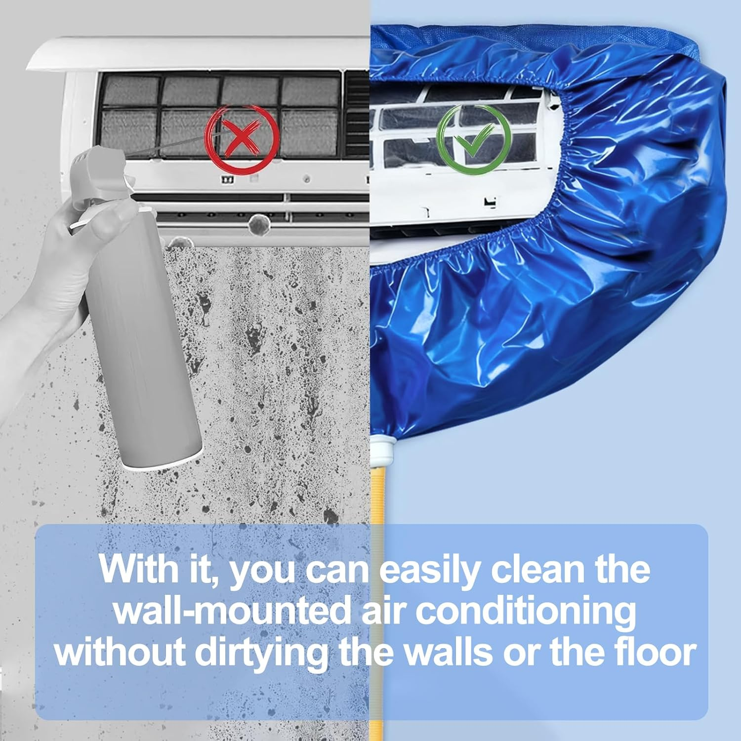 Leak-Proof Split System Air Conditioner Cleaning Kit,360&deg; Waterproof,Adjustable Bag for 33&ndash;51 Inch Units,Diy Aircon Cleaning Kit Includes Splash Guard,Drain Hose(250 Cm),Gloves and Cleaning Brush