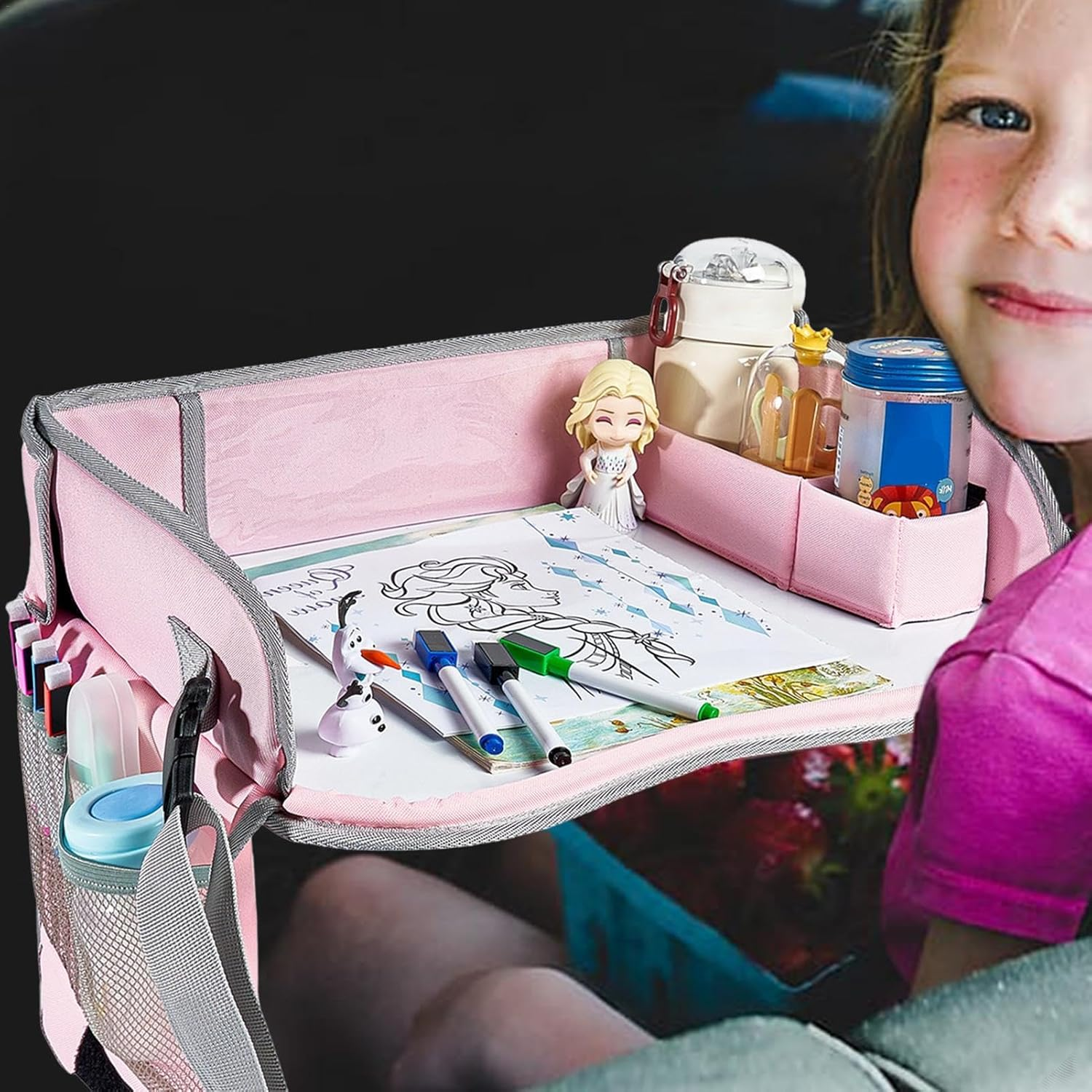 Car Seat Travel Tray,Kids Lap Tray for Car Seat - Portable Car Seat Activity Table Tray, Car Seat Snack Game Tray for Airplane and Stroller - Pink image number 4