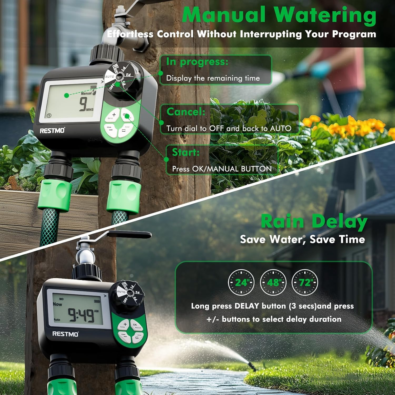 Restmo Water Timer with 3 Separate Programs, 7-Day Programmable Sprinkler Timer for Garden Hose, Automatic Control/Manual/Rain Delay for Drip Irrigation, Lawn and Yard Watering System, 2 Zone image number 3