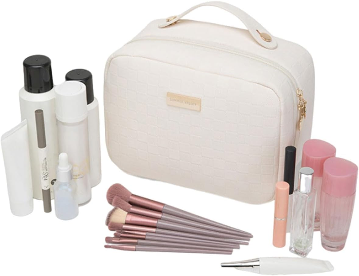 Women'S Pure Color Square Box Large Capacity Cosmetic Bag, Fashionable Portable Multi-Compartment Makeup (Pink) - Coffee image number 3