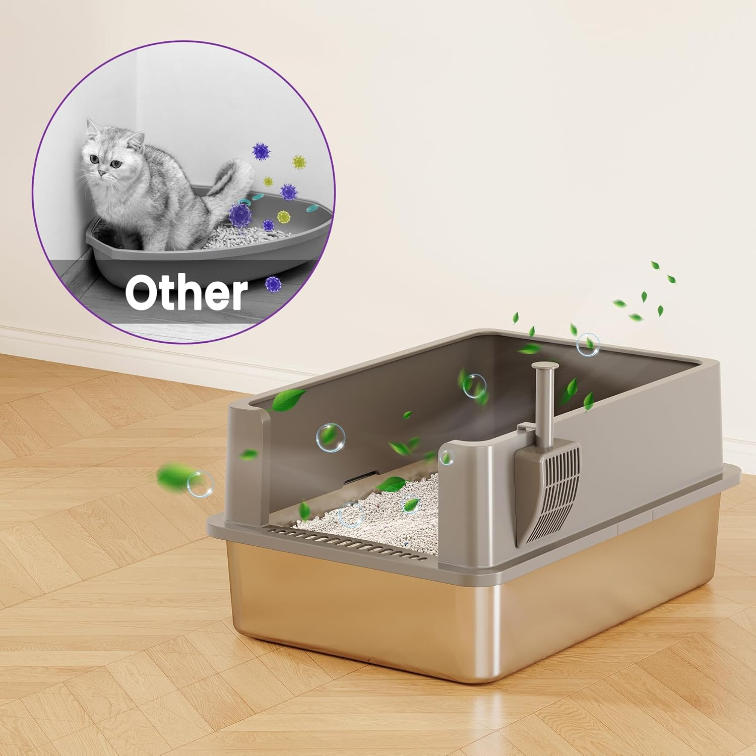 XXXL Stainless Steel Litter Box for Cats, 70 X 50 X 15 Cm Extra Large Metal Litter Box with High Sided Lid, for Big Cats, Multi-Cat Household, Non-Sticky & Easy to Clean image number 1