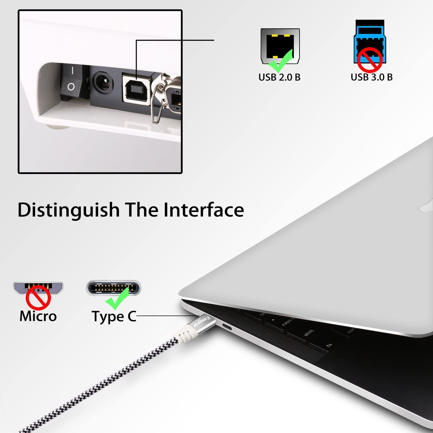 USB C to USB B Printer Cable Fasgear 1 Pack 16.5Ft/5M USB 2.0 Type C to Type B Scanner Braided Cord Compatible for Sam-Sung Brother Epson HP Canon Printer|Yamaha Digital Piano Midi Keyboard DAC |Gray image number 6