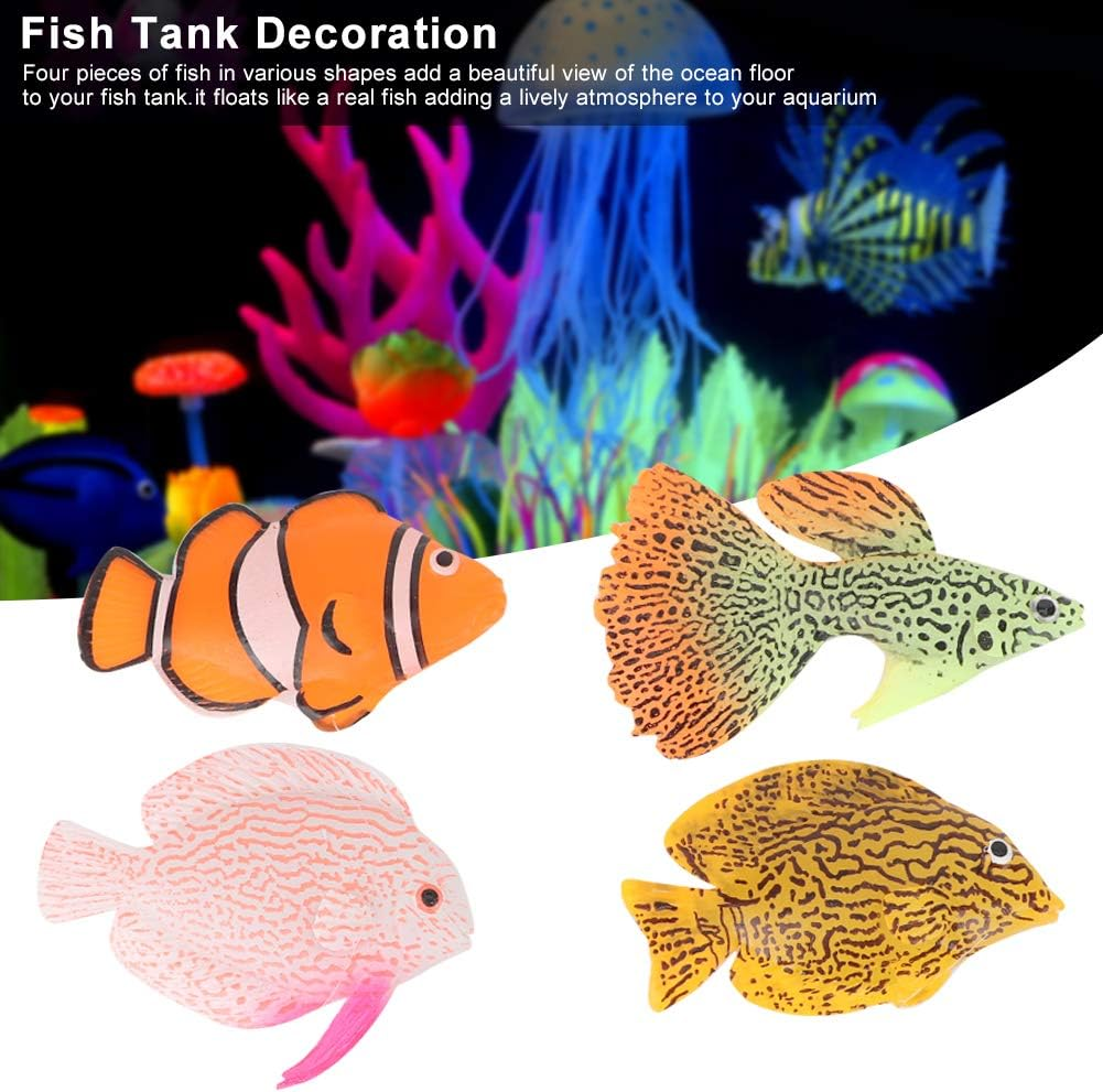 Yuehuam Artificial Aquarium Fishes, 4PCS in the Dark Luminous Silicone Fish Lifelike Plastic Fish Realistic Artificial Moving Floating Fishes for Aquarium Fish Tank Decorations Ornaments