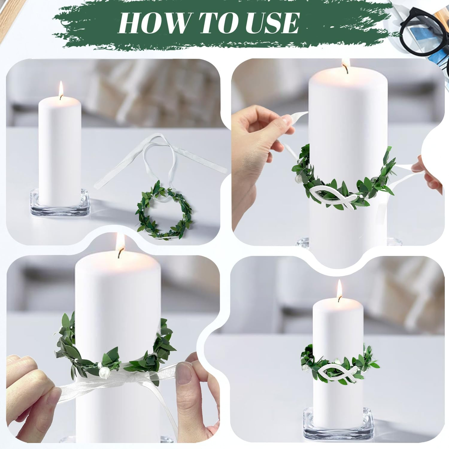 Candle Drop Protection 4 Cm - 9 Cm for Communion Candles and Christening Candles - Drip Catcher Candle Wreath with White Christening Fish Decoration, Wedding, Communion (Pack of 2) image number 3