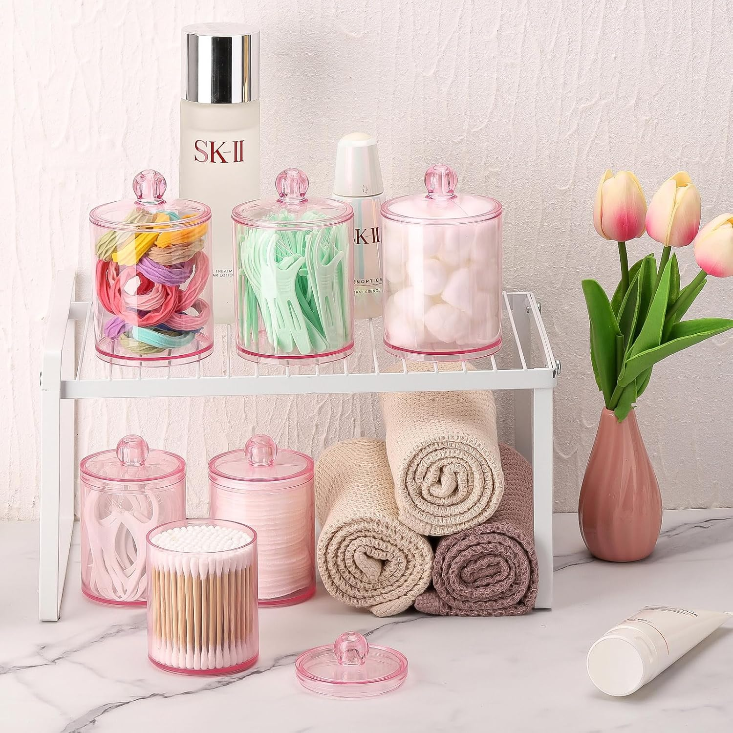 Tbestmax 6 Pack Qtip Holder - 12 Oz, 10 Oz Bathroom Organizer and Storage Containers, Plastic Apothecary Jars with Lids for Cotton Ball, Cotton Swab, Floss, Pink image number 6