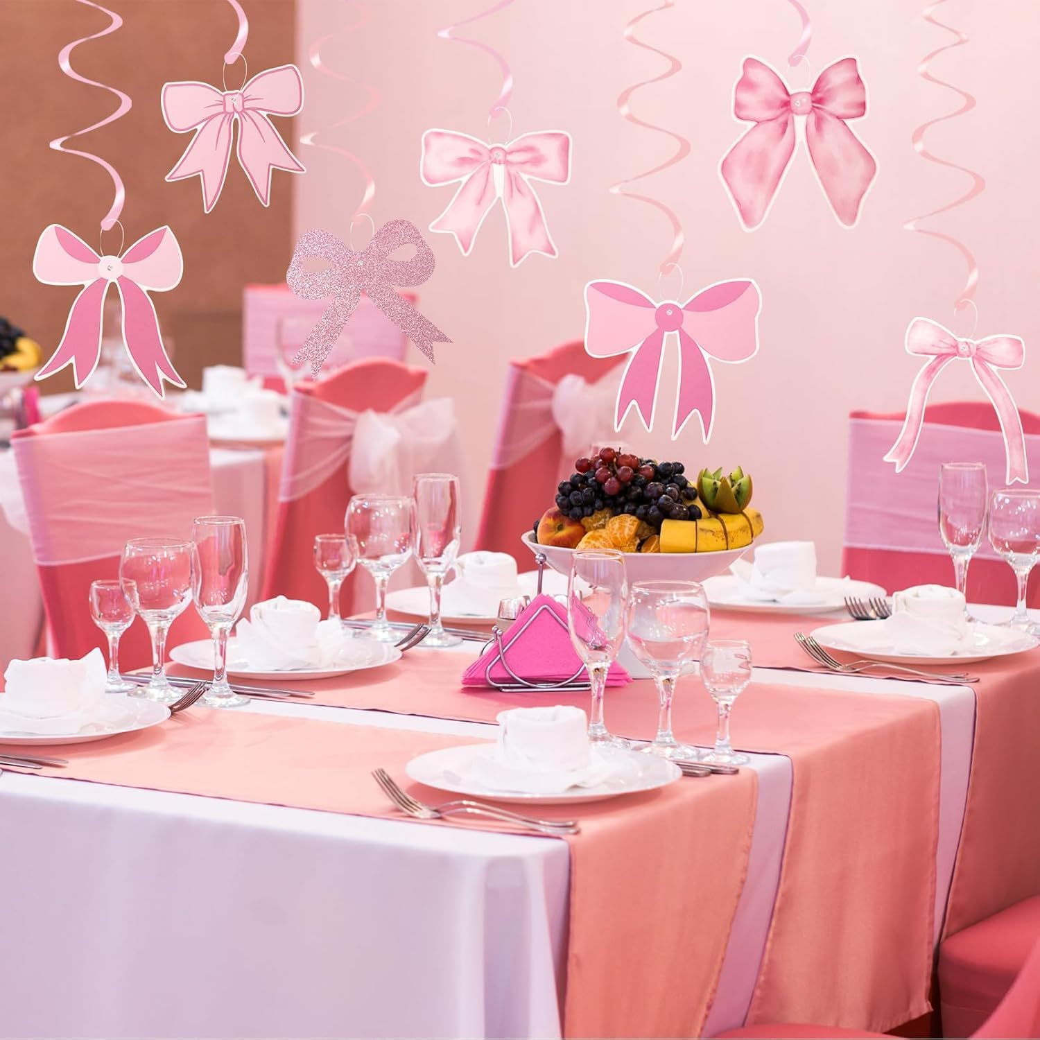 Pink Bow Party Decorations Garland Banner Hanging Swirls Set, 14 Piece Pink Bow Birthday Banner Party Hanging Swirls Set image number 4