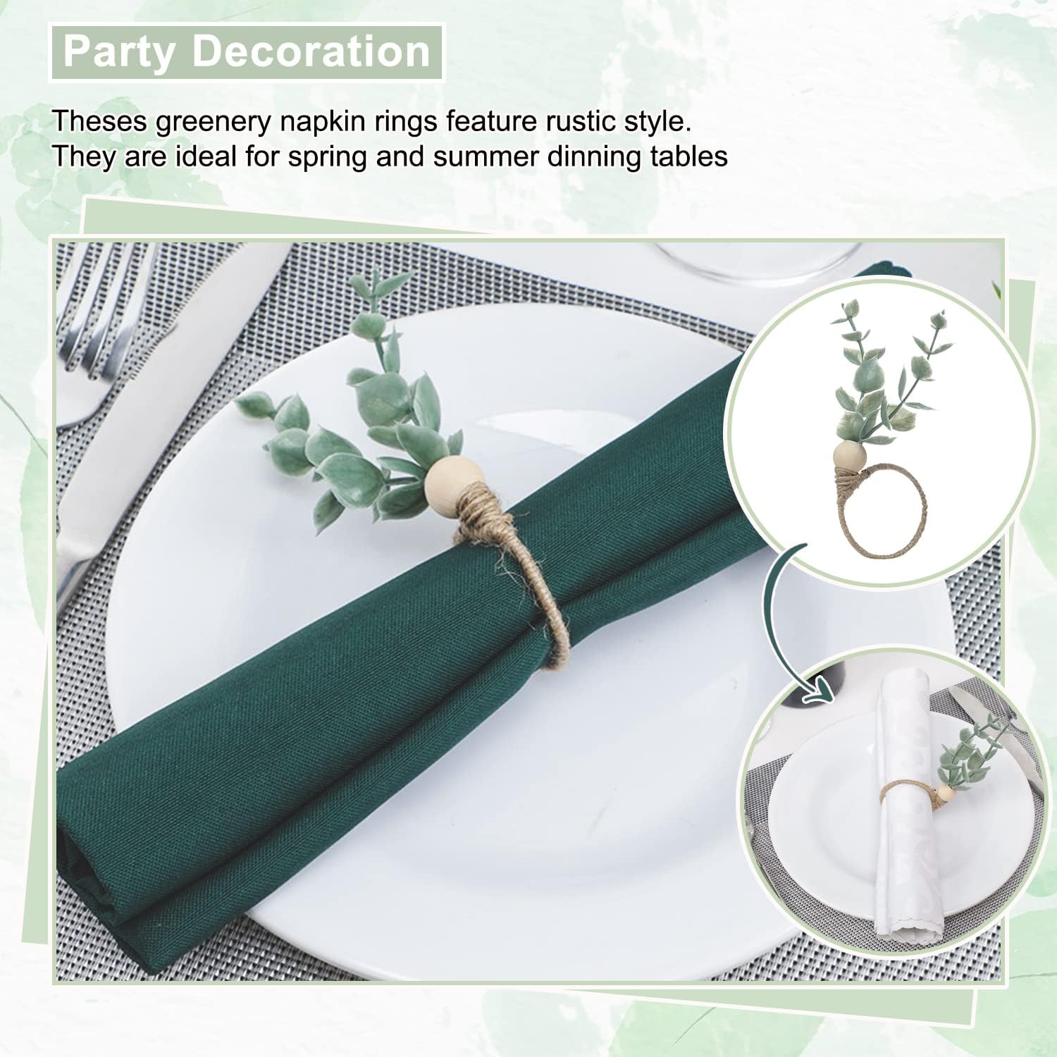 Eucalyptus Napkin Rings Set of 12 - Green Leaf Spring Wood Bead Rustic Rings for Christmas, Wedding, Thanksgiving, Easter Table Decoration image number 4