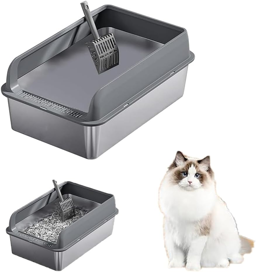 Stainless Steel Cat Litter Box, Kitty Litter Pan Splashproof Top Entry Cat Sandbox Cat Bedpan for Small and Large Cats Low Entry Semi Enclosed, Easy to Clean, Rust-Resistant, and Durable image number 3