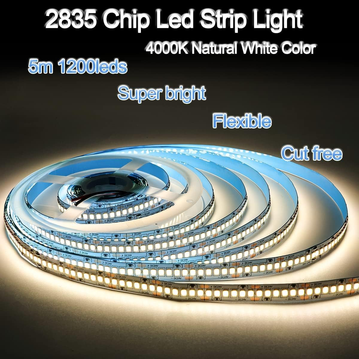 Tyun 24 V LED Strip Light, 1200 Leds, Natural White, 4000 K, 5 Metre Strip, Flexible Strip Light, SMD 2835 IP20 Strip Light for Garden, Bedroom, Kitchen Decoration