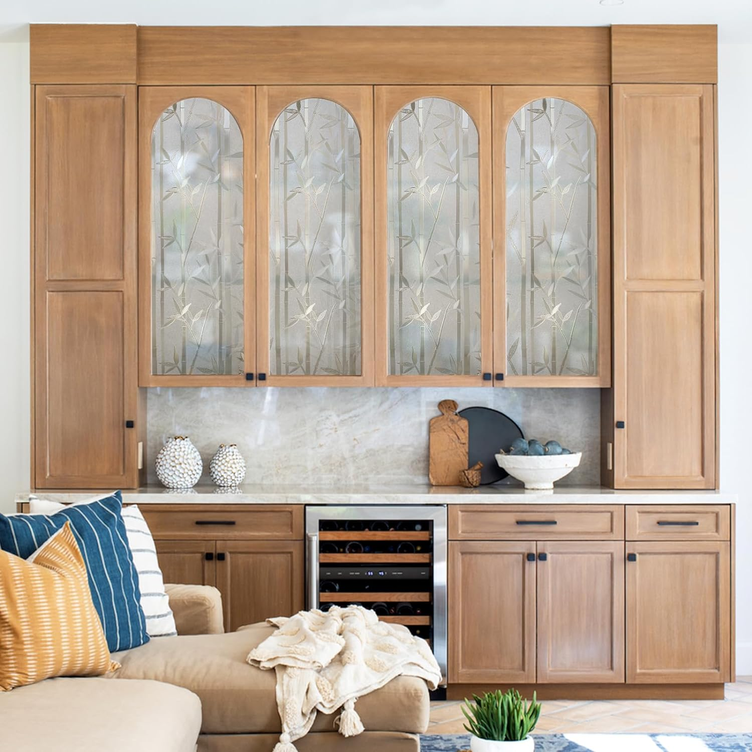 Rabbitgoo Bamboo Window Film Stained Glass Window Privacy Films Frosted Window Covering Decorative Window Cling Non-Adhesive Removable Window Decal No Glue Window Sticker for Home 60 X 200 Cm