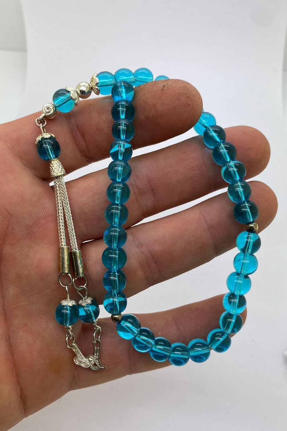 Handcrafted Airplane Glass Style Prayer Beads &ndash; Transparent Light Blue Misbaha with Tassel &ndash; Elegant Islamic Rosary for Men & Women image number 1
