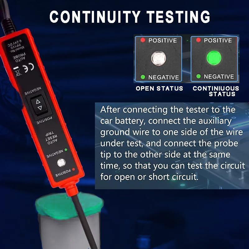 Car Power Circuit Probe Tester, 6-24V DC Short Circuit Tester Component Activation Electrical Polarity Identify Continuity Tester with LED Light, Buzzer Warning,13Ft Long Test Lead image number 1