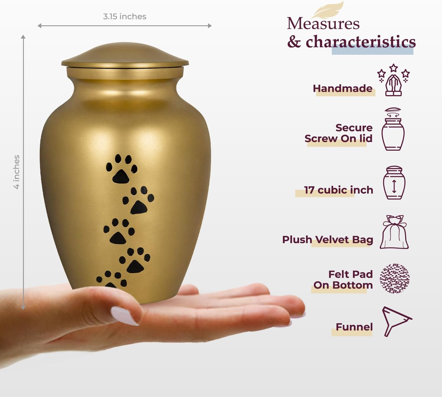 Always Faithful Small Gold Pet Urns for Dogs Ashes and Cats Too - Find Peace and Comfort with This Quality Dog or Cat Pet Urn - 4 Inches Tall Holds Remains up to 17 Lbs - with Velvet Bag