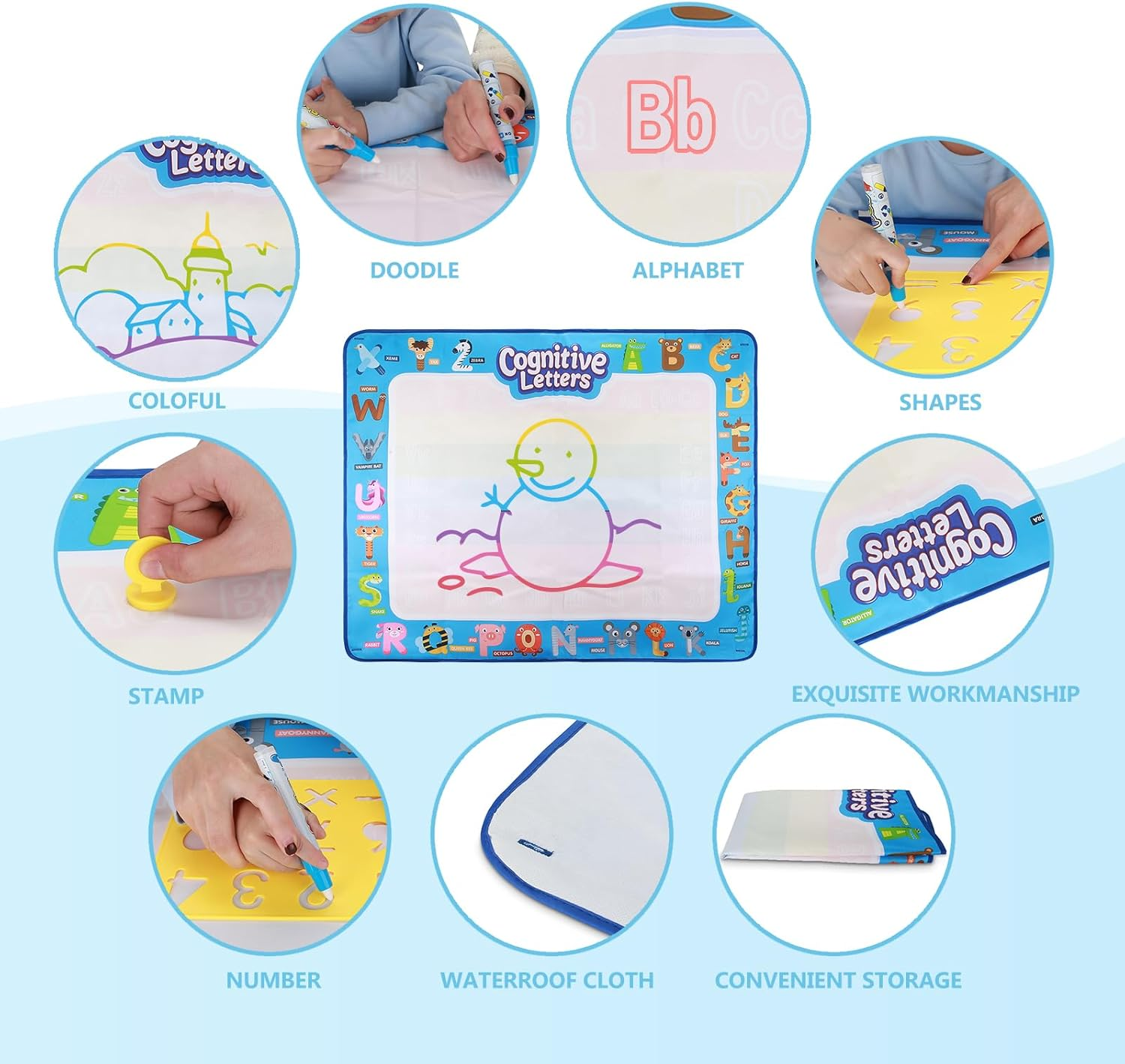 JOTO Magic Aqua Water Doodle Mat, Extra Large Drawing Coloring Mat Painting Writing Board with Accessories Educational Learning Toy for Kids Toddlers Boys Girls Age 3 4 5 6 7 8 Year Old -Mixed image number 3