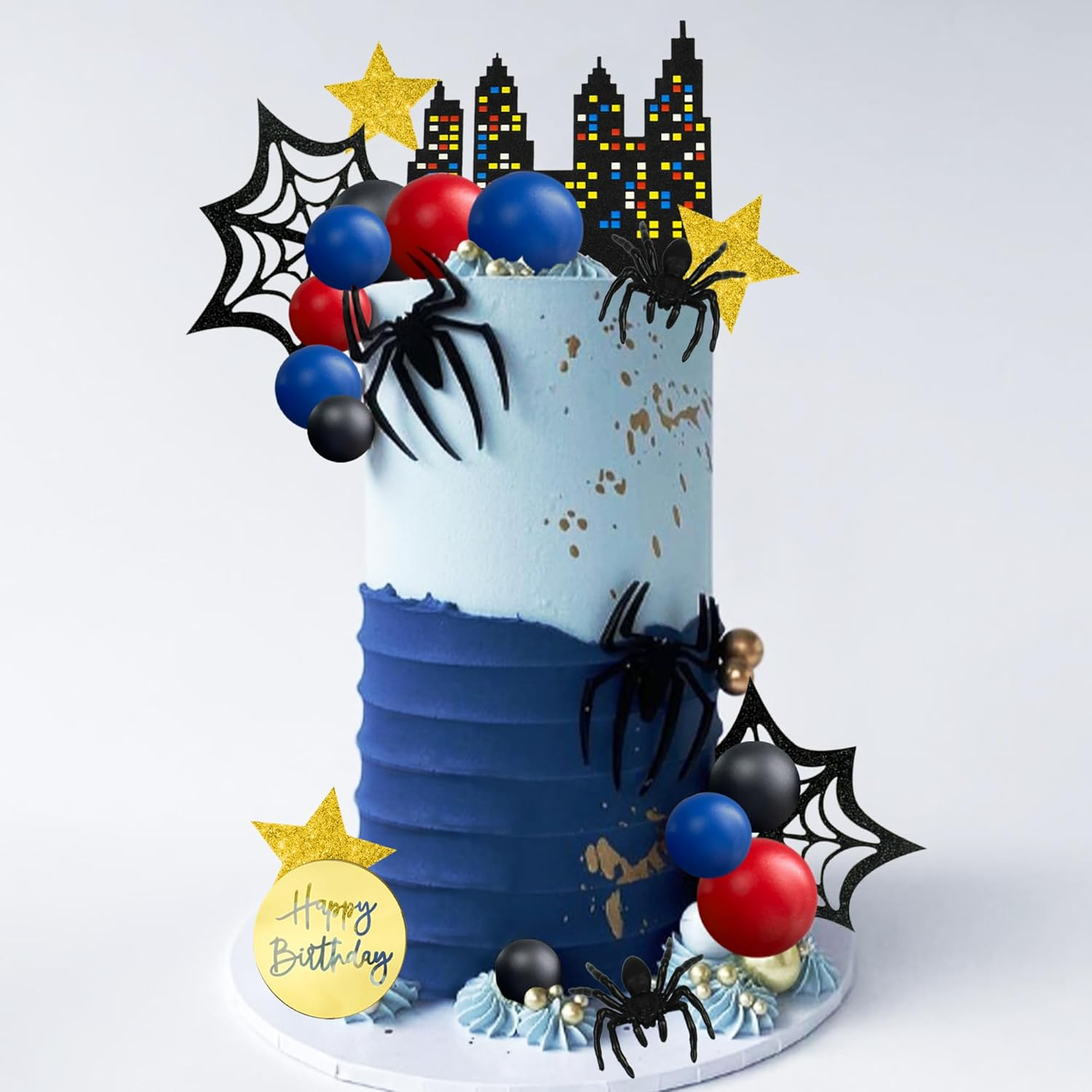DRWATE Spider Cake Topper with Black Red and Blue Balls Spiders Webs Stars City for Boys Men Birthday Party Baby Shower Supplies (City) image number 6