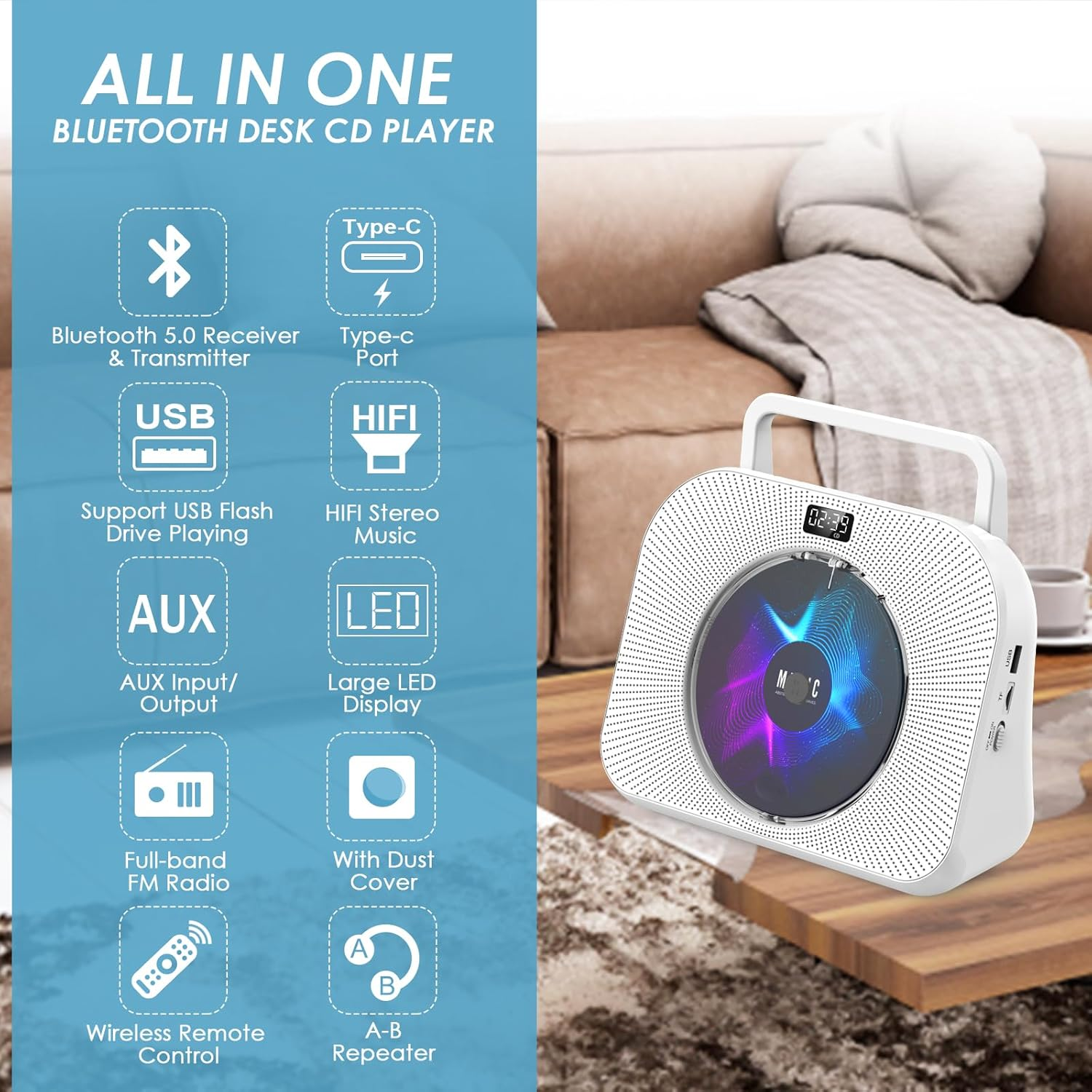 Gueray Children'S CD Player Bluetooth CD Player with Speaker CD Players with Dustproof Cover and Sleep Music and Timer and Remote Control FM Radio USB Plug TF Card AUX 3.5Mm