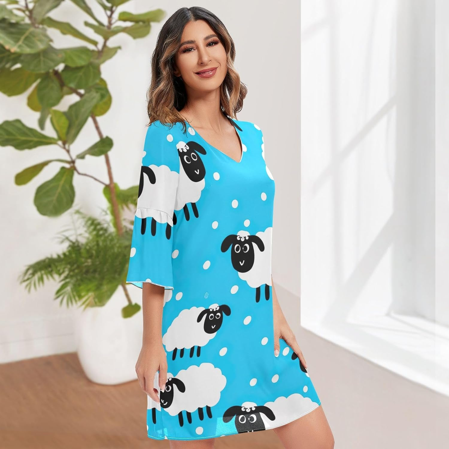 Cute White Sheep Blue Casual Chiffon Dress Printed Line Maternity Dress S-XXL