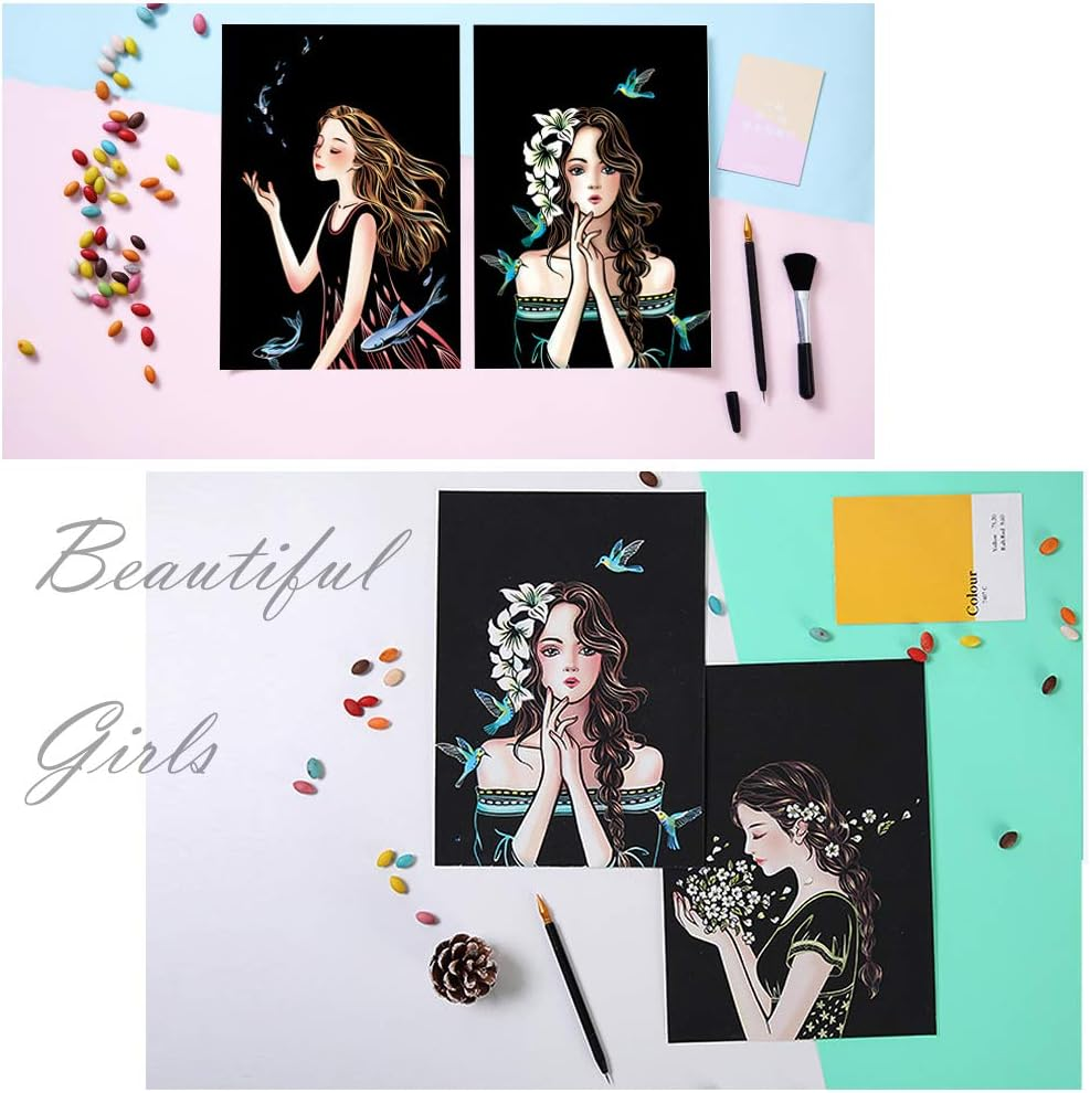 Scratch Art for Kids & Adult, Magic Rainbow Flower Engraving Painting Paper, Landscape Scratchboard(A4) Sketch Beautiful Crafts Set: 8 Sheets with 4 Tools - Drawing Pens, Cleaning Brush(Girl/Sakura) image number 5