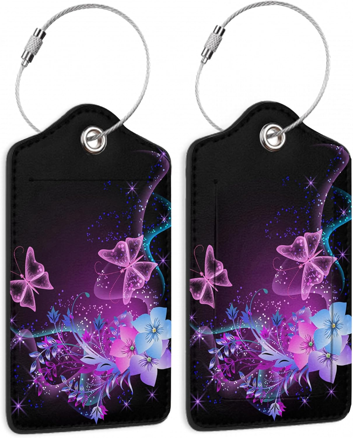 Travel Stamp Luggage Tags for Suitcase,2 Pack Retro Passport Carte Postale Luggage Tag Leather Privacy Cover ID Label with Stainless Steel Loop for Women Men Kids Girls