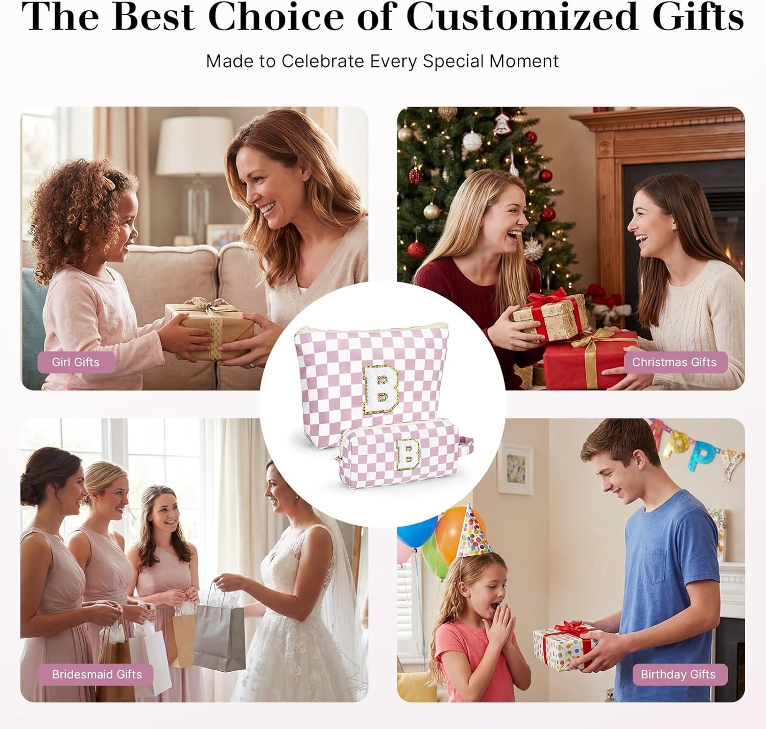 LIAN Initial Makeup Bag Set Checkered Makeup Bag Personalized Cosmetic Bags Makeup Travel Bag 10 11 12 13 14 16 18 Years Old Birthday Gifts for Women Teen Girl Gifts Trendy Stuff(Pink-C) image number 4