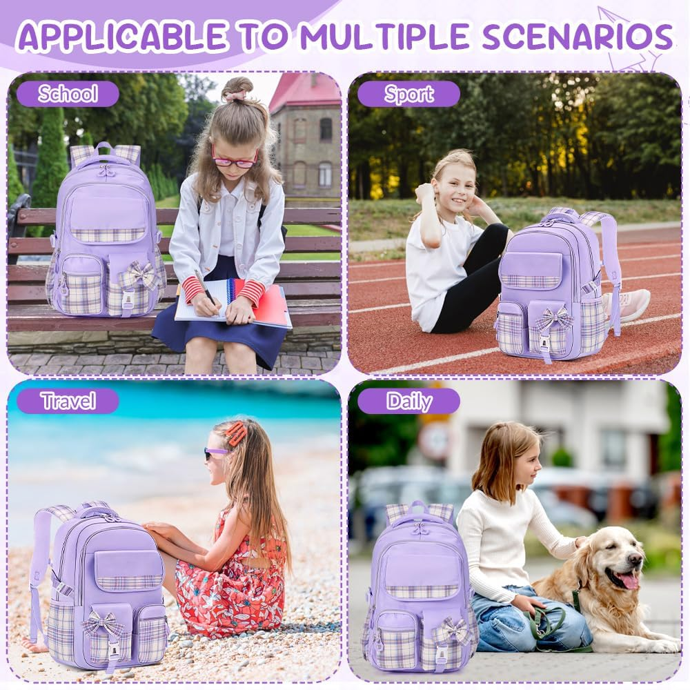 WOTOW School Backpack for Girls, Large Capacity Water Resistant Schoolbags with Lunch Bag Pencil Case & Cute Pendants, Ideal Children Teens Primary to Middle School - Pink image number 7