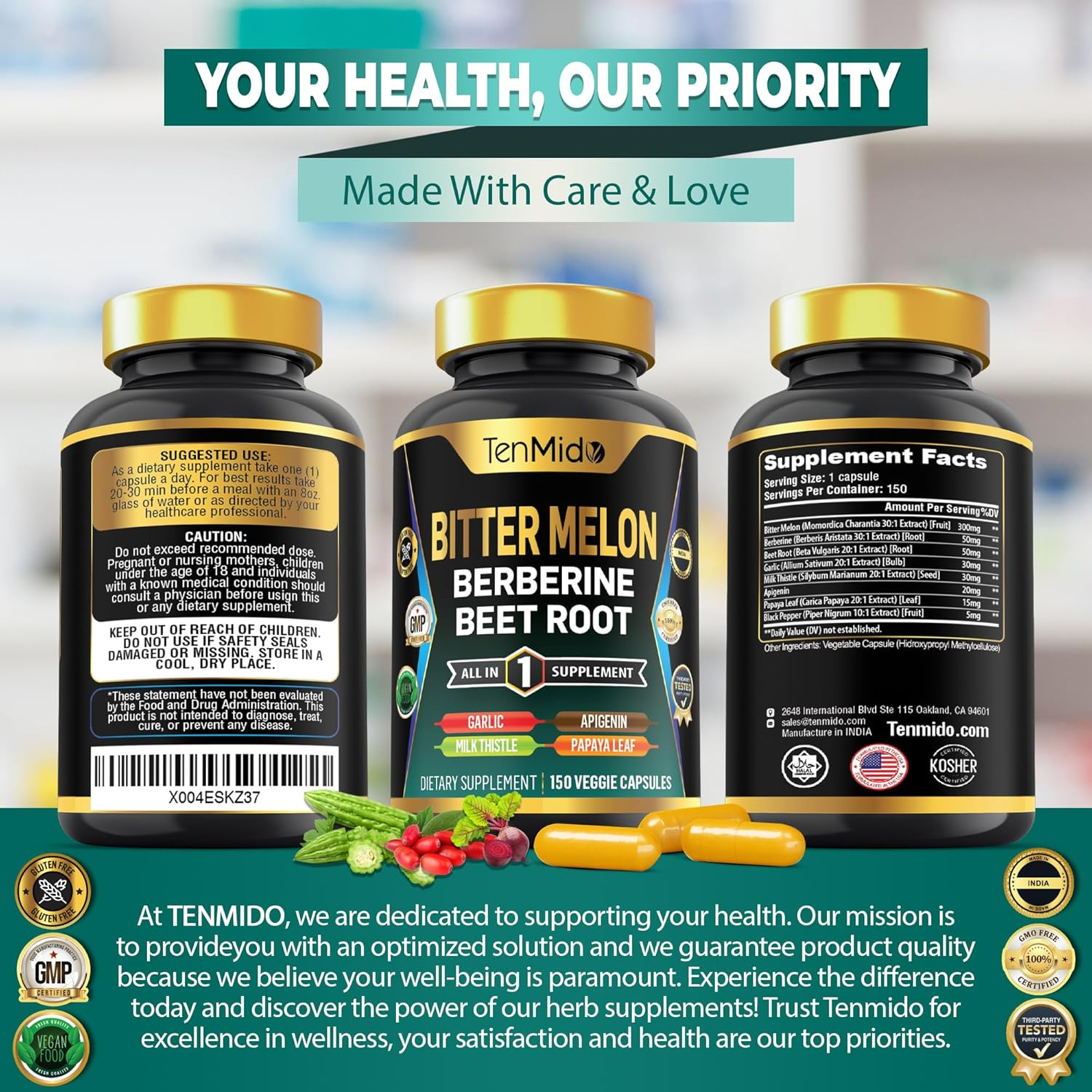 Bitter Melon Supplement - 8In1 Formula - Combine with Berberine, Beet Root, Garlic, Milk Thistle, Apigenin, Papaya Leaf, and Black Pepper - 150 Vegan Capsules for 5 Months Supply image number 5