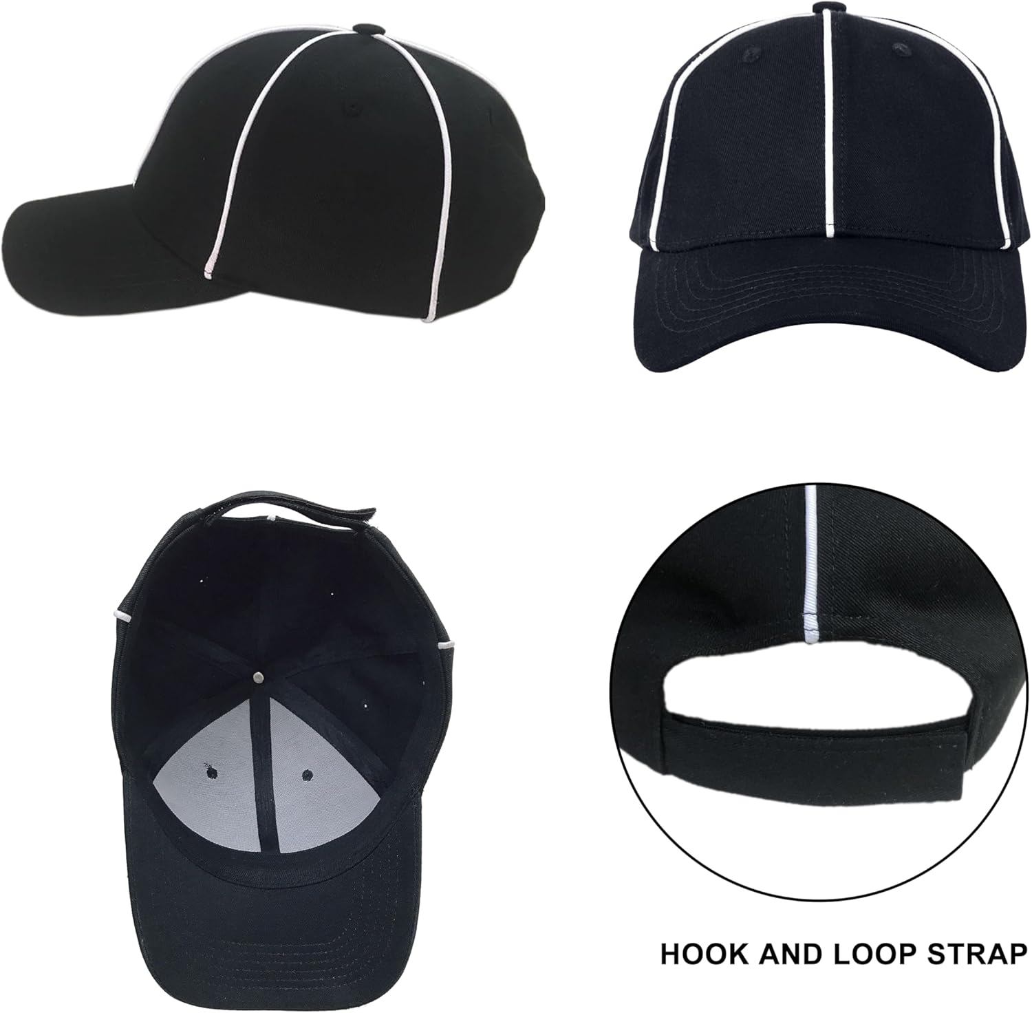 TOPTIE Sporting Goods Official Referee Hat Black with White Stripe, Adjustable Black Ball Cap image number 4