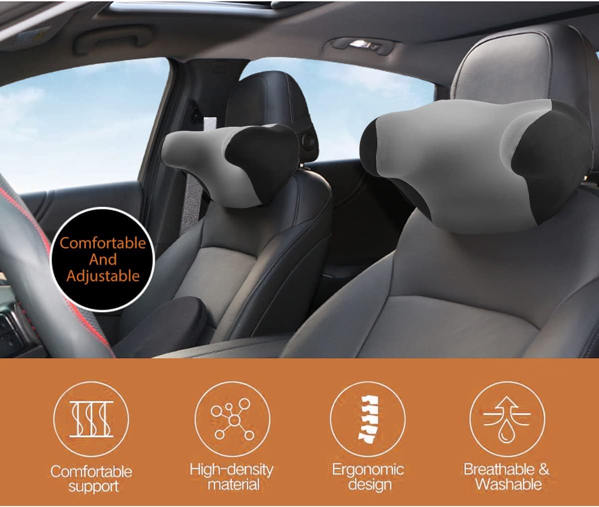 Car Headrest Neck Pillow Comfortable Memory Form Breathable Ergonomic Design Relieving Neck Stiffness and Adjustable Straps for Different Sitting Positing（Black Grey） image number 3
