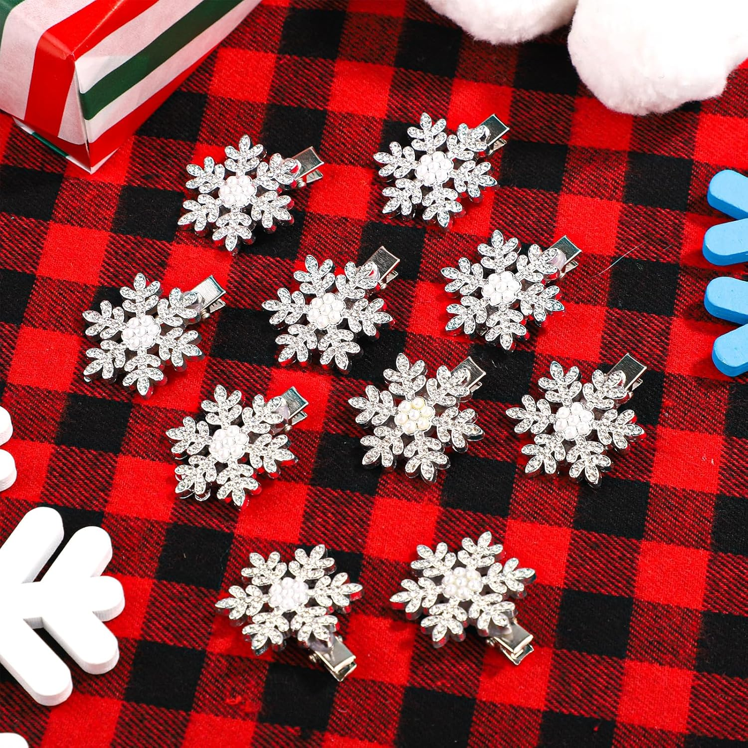 10Pcs Snowflake Hair Clip Accessories, Cute Pearl Rhinestones Christmas Hair Pins Festival Winter Snowflake Alligator Hair Barrettes Hairpin for Women Girls Xmas Holiday Hair Decorations Gifts image number 6