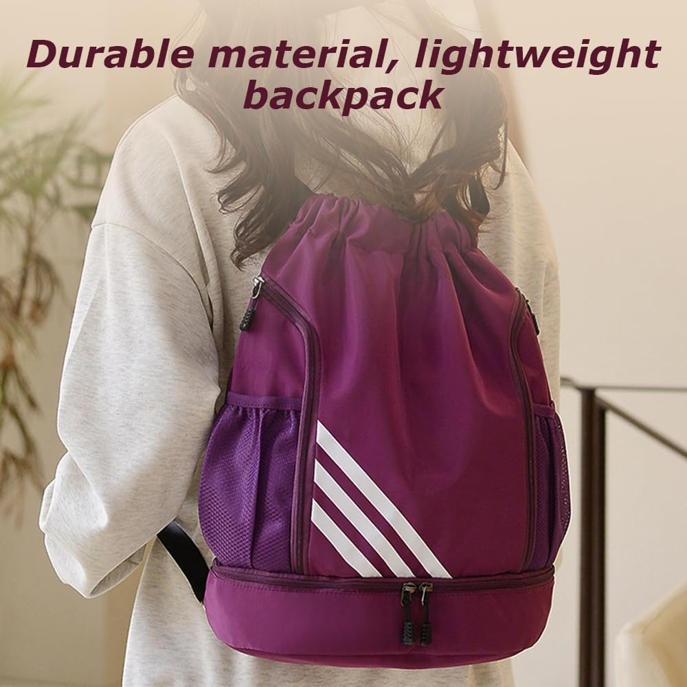 Outdoor Sports Balls Backpack with Durable Material, Large Capacity Drawstring Gym Bag, Portable Oxford Cloth Backpack, String Bag for Available to Both Men and Women (Purple)