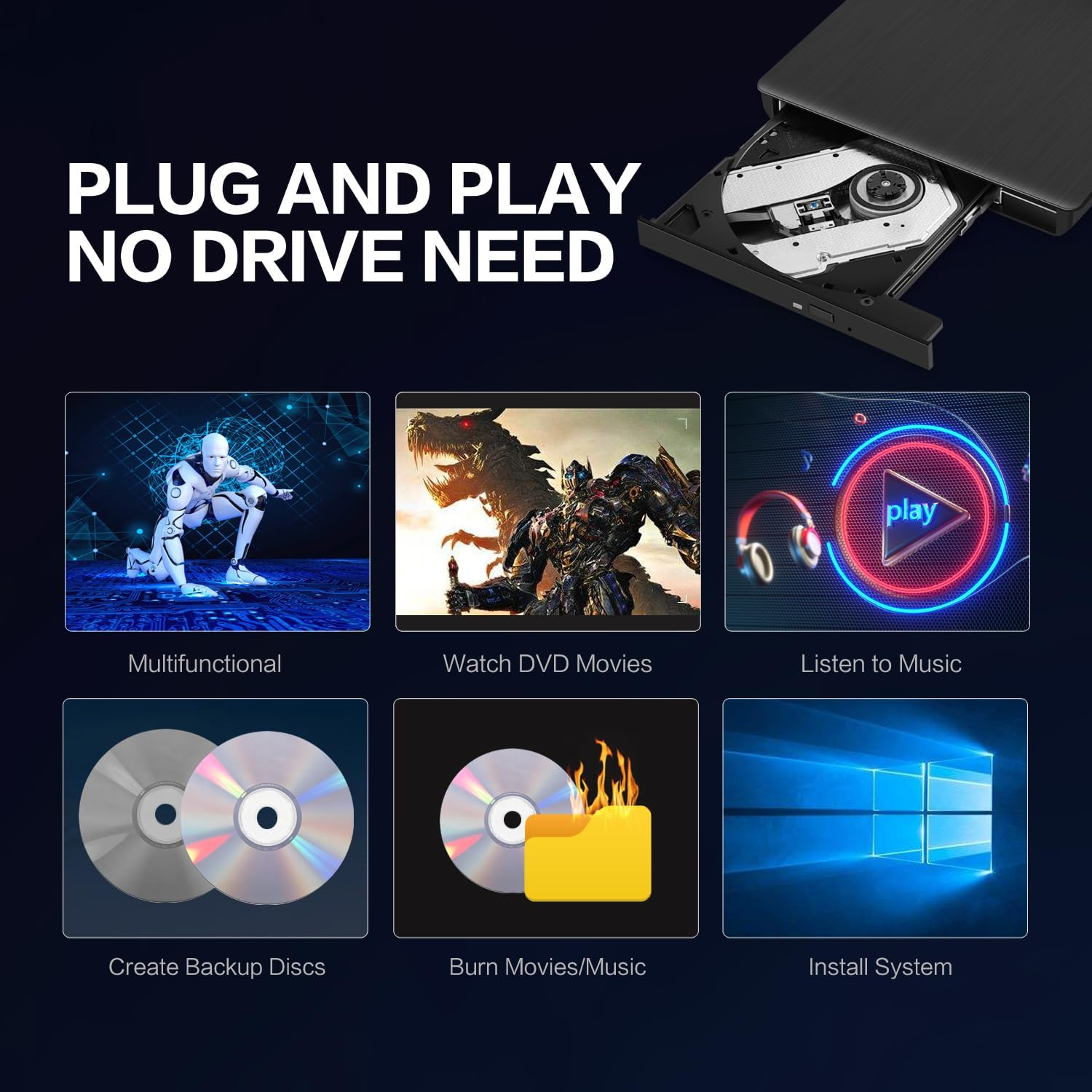 Hcsunfly External CD/DVD Drive for Laptop, USB 3.0 Ultra-Slim Portable Burner Writer Compatible with Mac Macbook Pro/Air Imac Desktop Windows 7/8/10/Xp/Vista (White) (Black) image number 4