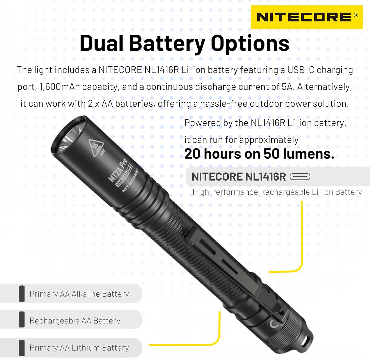 Nitecore MT2A Pro High Performance Rechargeable AA Flashlight 1000 Lumens with Label image number 2