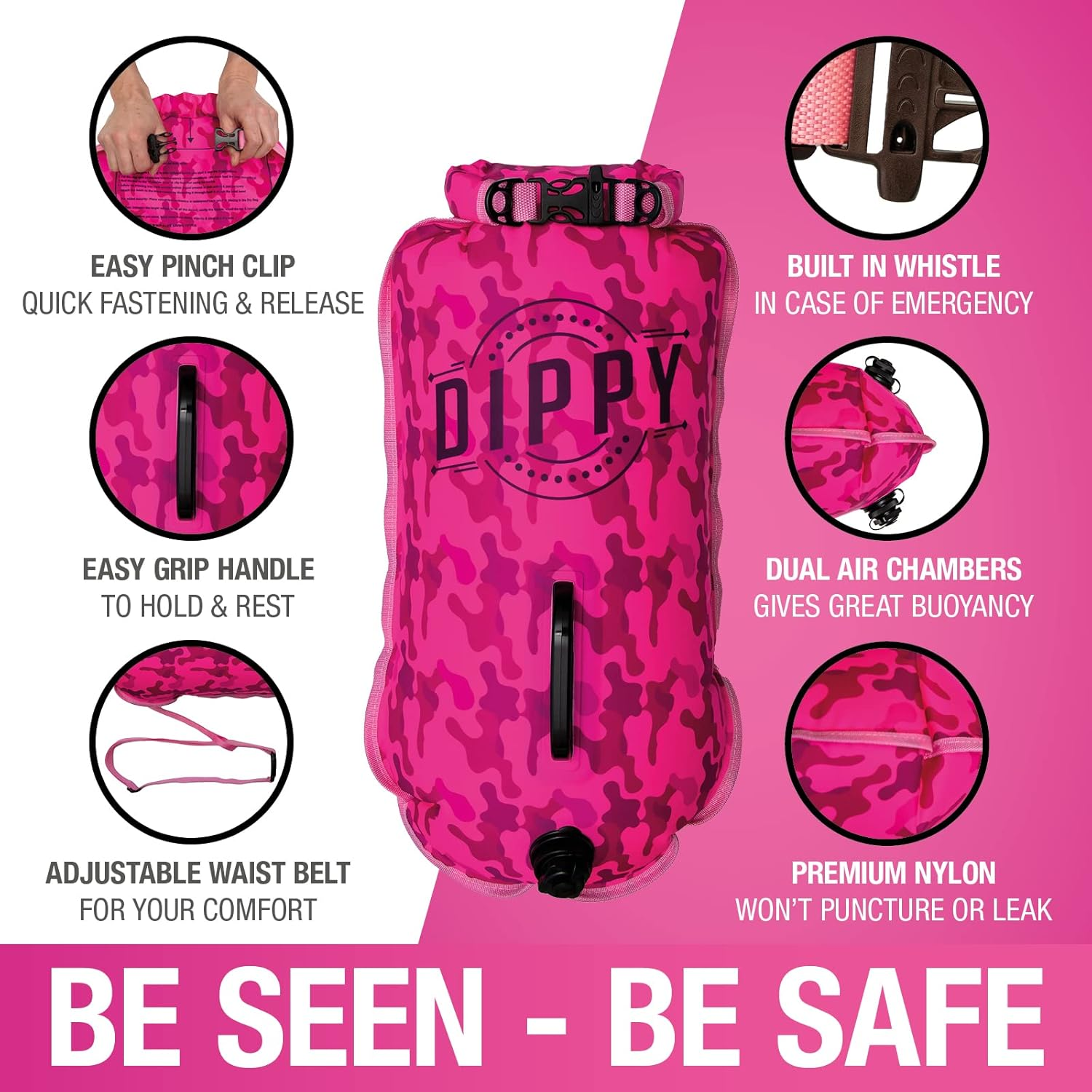 DIPPY Tow Floats for Open Water Swimming | 28L Swim Buoy Open Water Swimming Float | Waterproof Swimming Buoy | Tow Float Dry Bag | Wild Swimming Float | Wild Swimming Accessories (Pink Cammo) image number 1