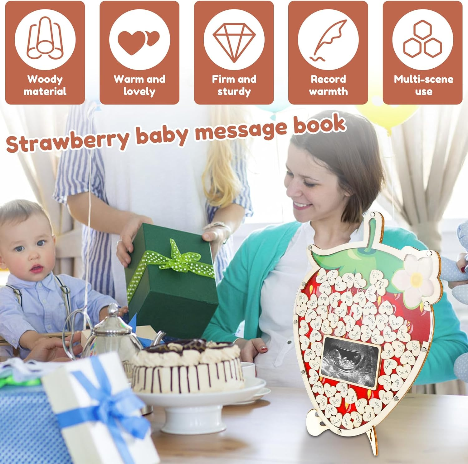 Strawberry Baby Shower Guest Book Decoration with Photo Frame and 60 Wood Slices Wood Guest Book Alternative a Berry Sweet Baby Is on the Way Decor for Birthday image number 3