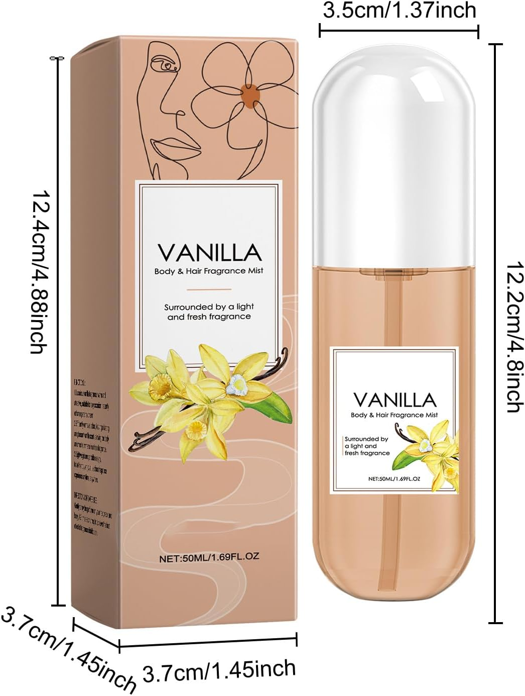 QPJUVC Vanilla Hair & Body Fragrance Mist - Long-Lasting Light Fragrance Spray for Women, 50Ml Travel Size Hydrating Refreshing Body Spray (1) image number 3