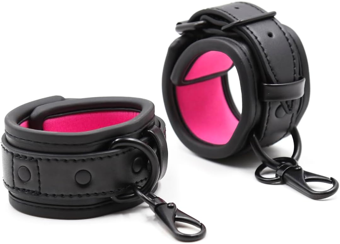 Padded Black Leather Bondage Cuffs for Sex Games - Women and Mens Sex Cuffs for Bondage Restraint - Leather Sex Toys BDSM Cuffs Bondage Handcuffs (Black/Pink) image number 1
