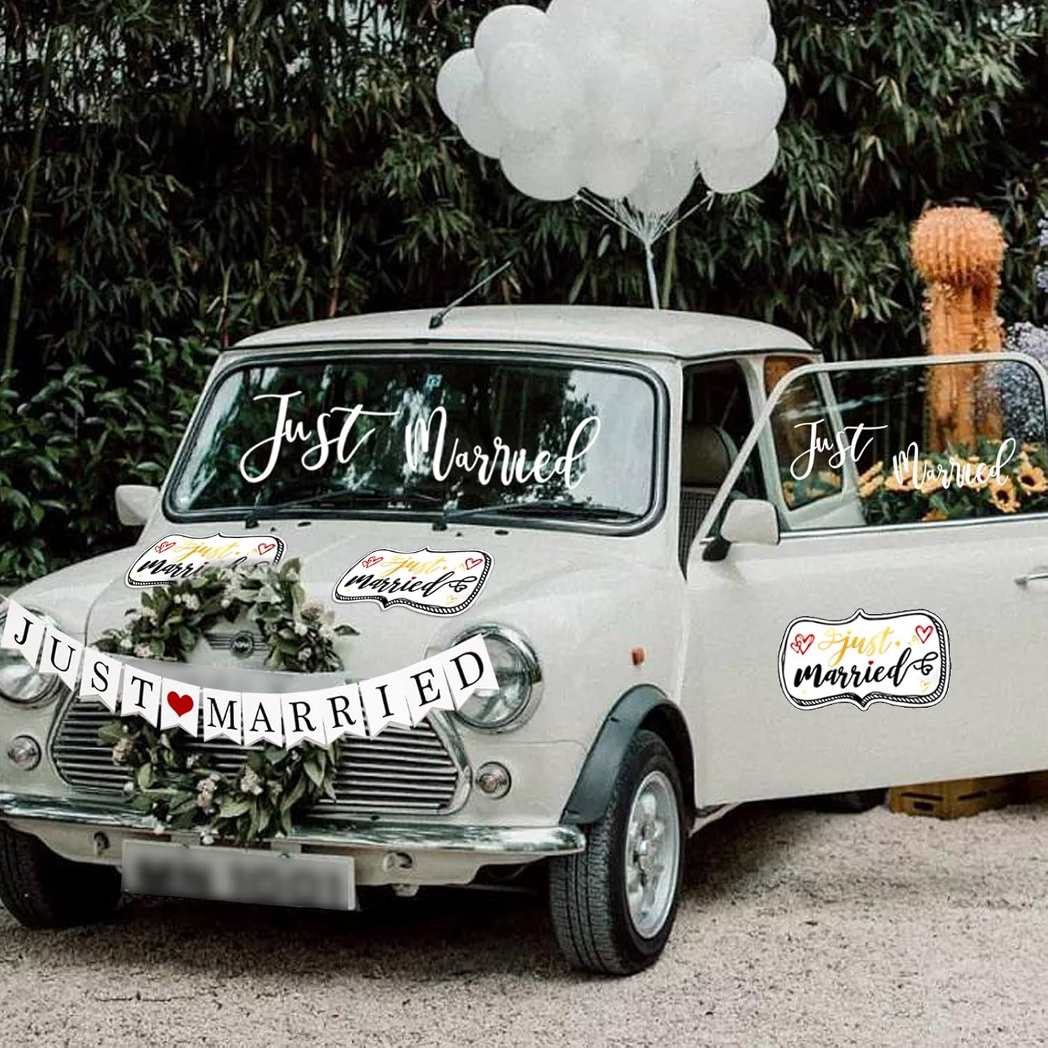 4 Pcs Just Married Wedding Car Decorations - Include Just Married Ornate Car Magnets 12X7, Just Married Car Wedding Day Car Window Decals 22.4X5, Just Married Sign Banner Car for Honeymoon Wedding image number 5