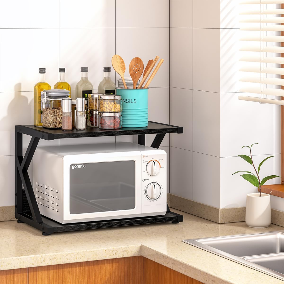 Aboxoo Desktop Printer Stand with 2 Tier Wood Storage Shelves,Under Desk Printer Table,Multi-Purpose Home Office Desk Organizer for Fax Machine, Scanner (Black) - White image number 4