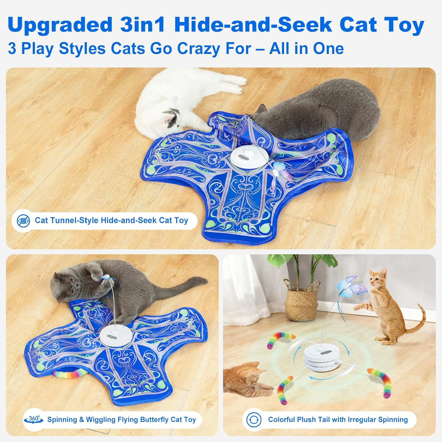 Qraxond Interactive Cat Toys for Indoor Cats,[Newly Upgraded] Rechargeable Touch Activated Hide and Seek Kitten Toy with Fluttering (Blue Cover Cloth Toy)