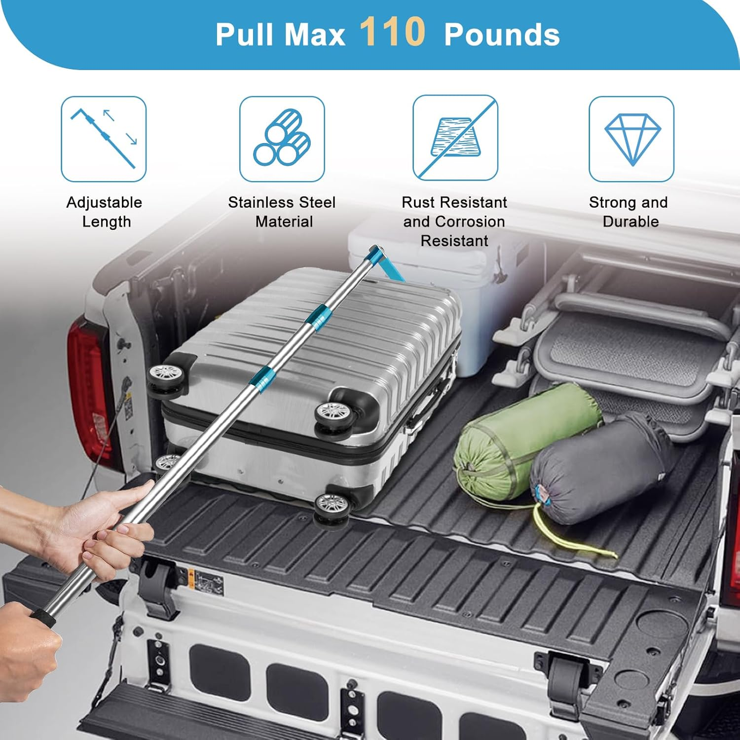 Rtshuok 6.3 Ft Truck Cargo Grabber Bed Reach Tool, Expandable Heavy Duty Stainless Steel Truck Telescoping Pull Pole with Two Hooks for Pickuptruck SUV Boat Accessories - Blue image number 4