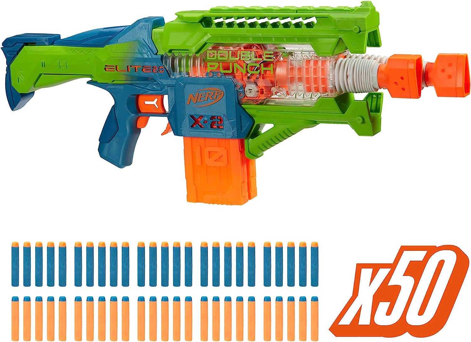 Hasbro Nerf Elite 2.0 Double Punch Motorized Dart Blaster, Rapid Alternating Barrels, 50 Nerf Elite Darts, 2X 10-Dart Clips, Ages 8 & Up image number 2