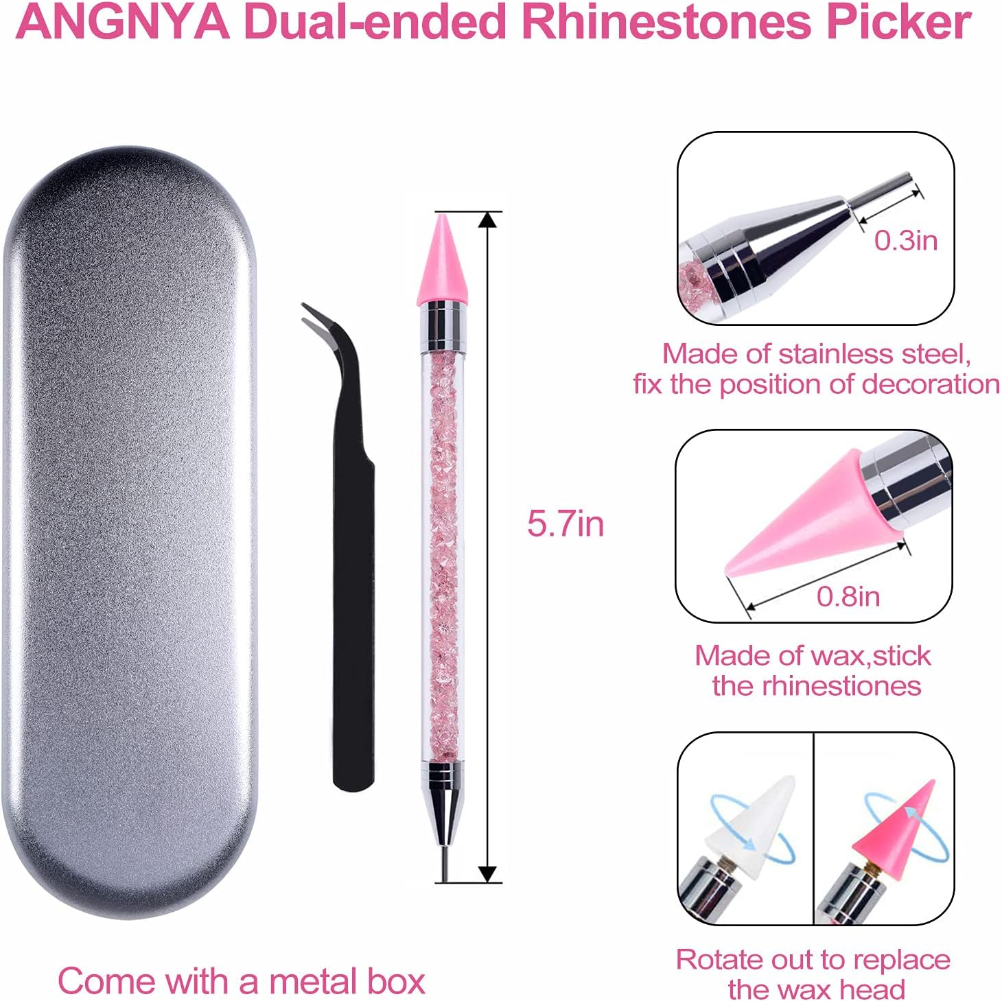 ANGNYA 2 Pack Rhinestone Picker Dotting Pen with 2 Replaceable Wax Tips and ​1X Tweezer, Dual-Ended Diamond Picker Tools for Nails,Wax Pencil for Rhinestone Stainless Steel Double Head(Pink Purple) image number 4