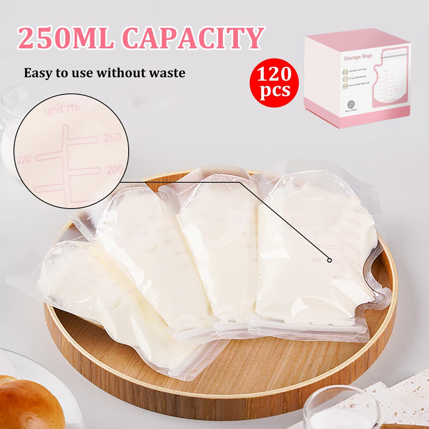 Breast Milk Storage Bags 120 Pack,Recyclable & BPA Free,Pre-Sterilised,Breastfeeding Disposable Milk Storage Bag,No-Leak Milk Freezer Storage Pouche,250Ml/8.8Oz Capacity image number 4