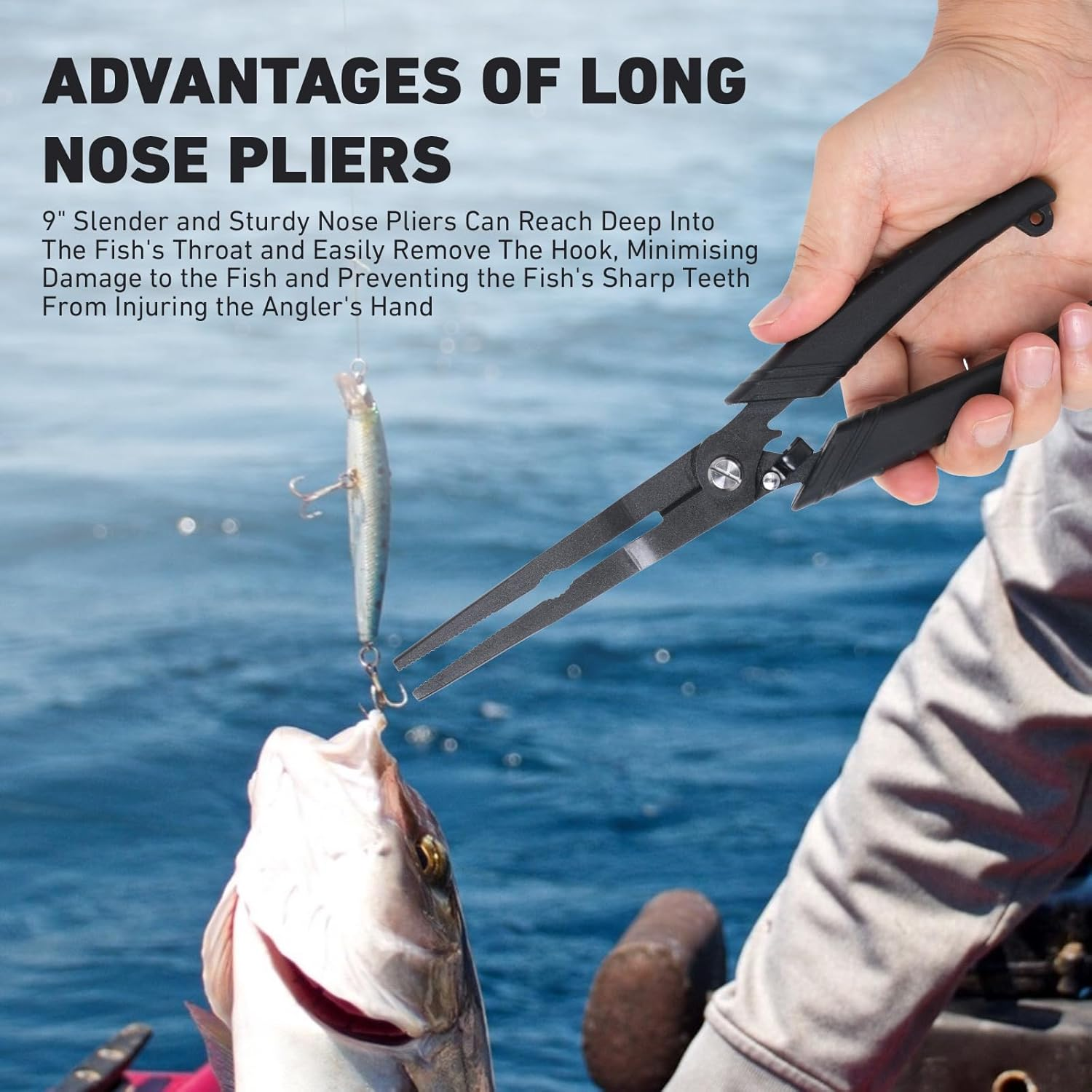 Golden J Teflon Fishing Pliers, Multi-Function Hook Remover-Long Nose Pliers, Pe/Braided Line Cutter, Saltwater Resistant Fishing Gear, for Deep-Sea, Ice & Surf Fishing - Ideal for Anglers image number 1